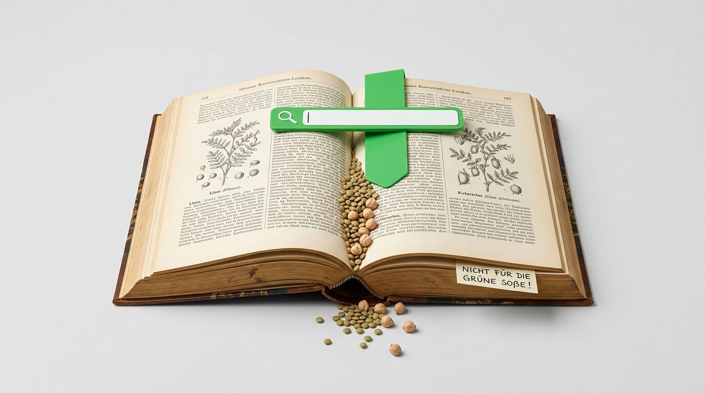 Offenes Buch mit Suchleiste, Linsen, Kichererbsen und Zettel „Nicht für die Grüne Soße!“