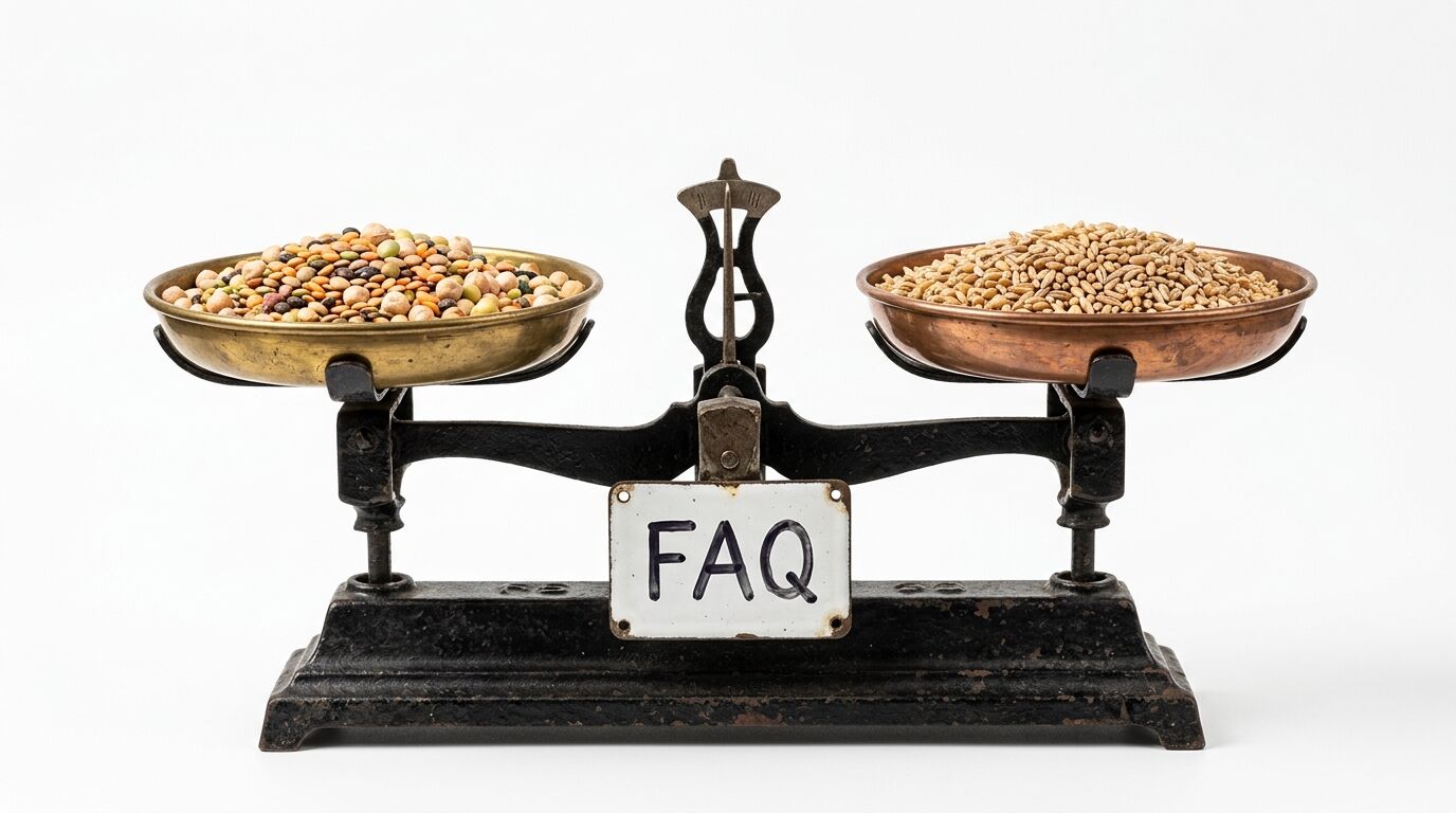 Eine alte Balkenwaage mit Linsen und Getreide. Darauf ein Schild mit der Aufschrift „FAQ“