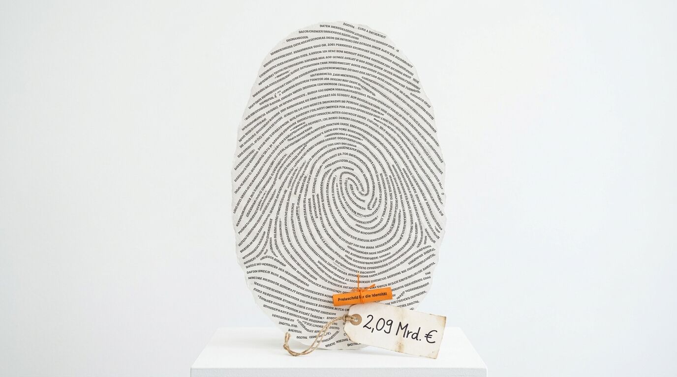 Fingerabdruck aus Textzeilen auf Sockel mit orangefarbenem und Preisschild