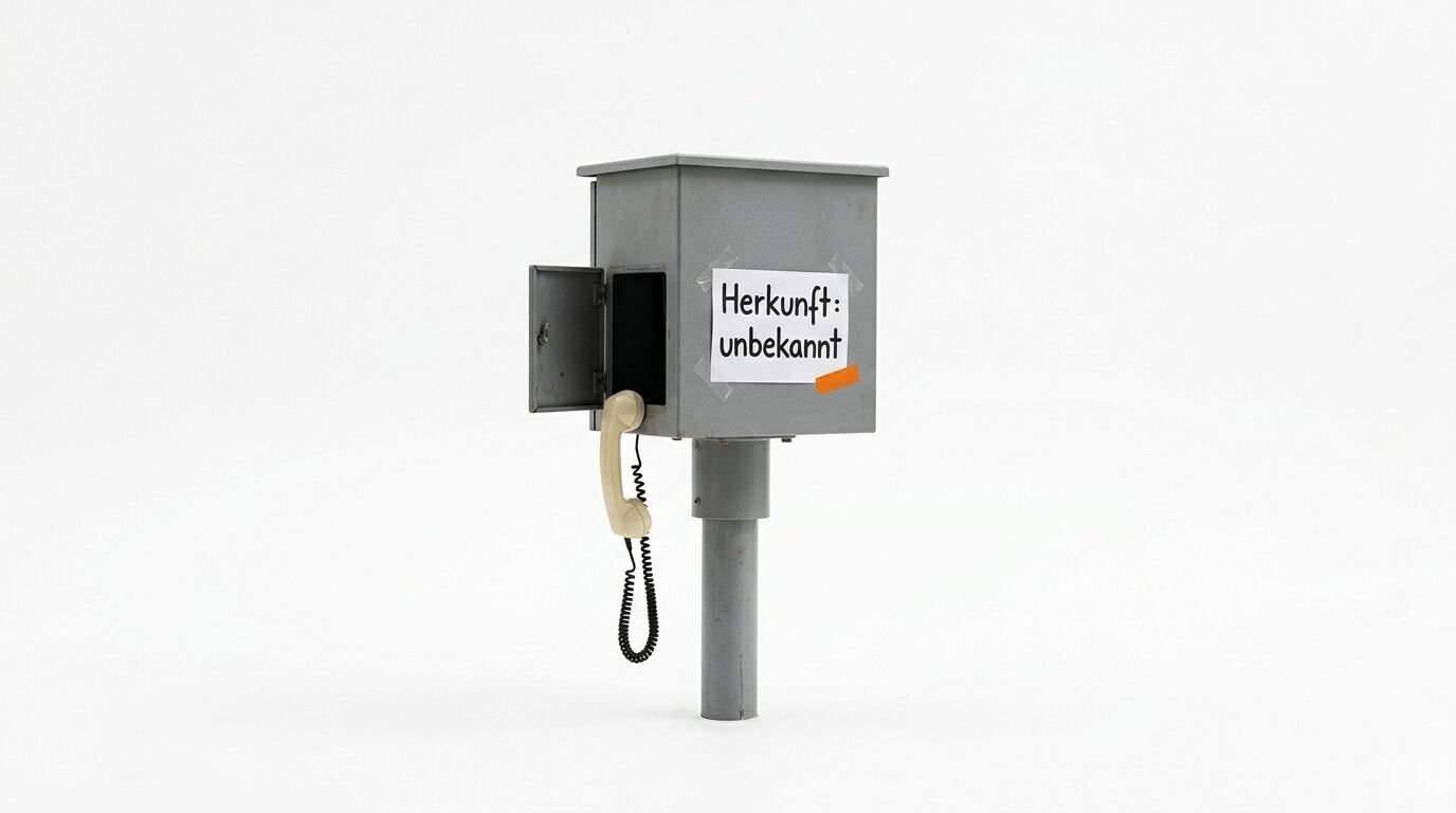 Ein grauer Telefonkasten mit geöffneter Tür und herunterhängendem Hörer vor weißem Hintergrund