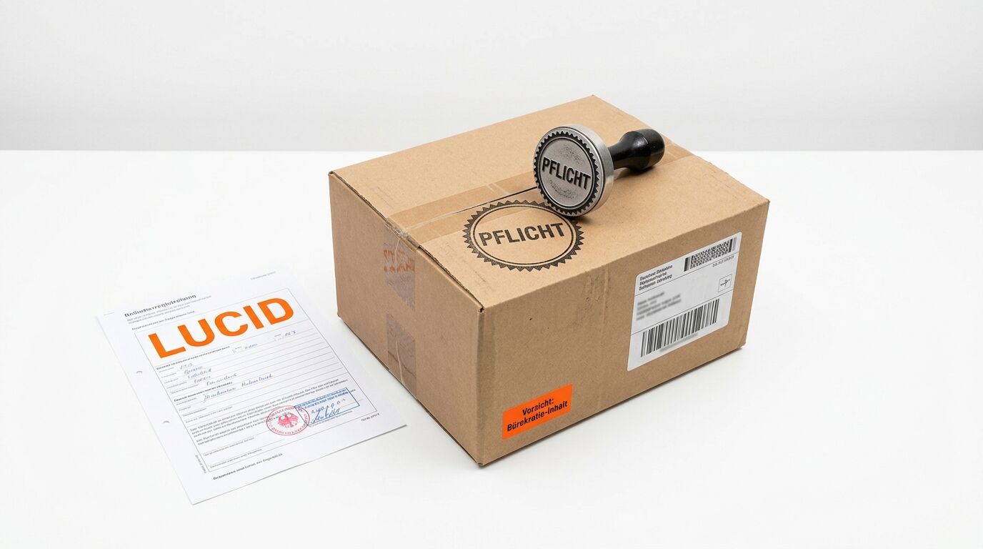 Paket mit Stempel „PFLICHT“ und LUCID-Formular auf weißem Untergrund