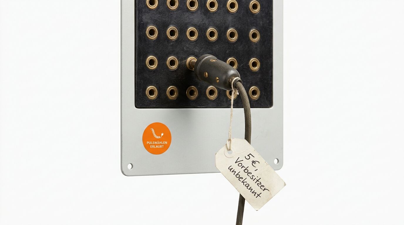 Alte Buchsenleiste mit Stecker, einem Preisschild und einem Aufkleber auf hellem Grund