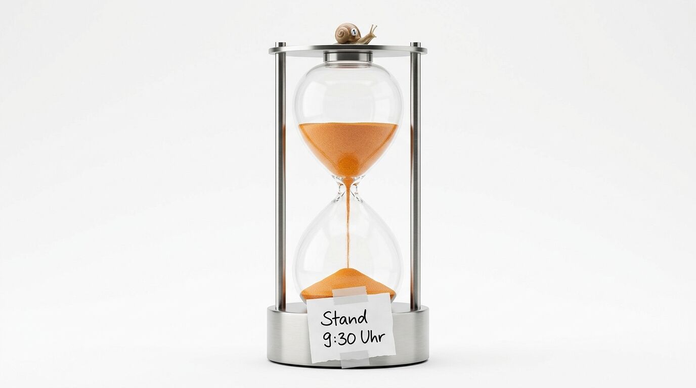 Sanduhr mit Schnecke und Notizzettel „Stand 9:30 Uhr“ vor weißem Hintergrund