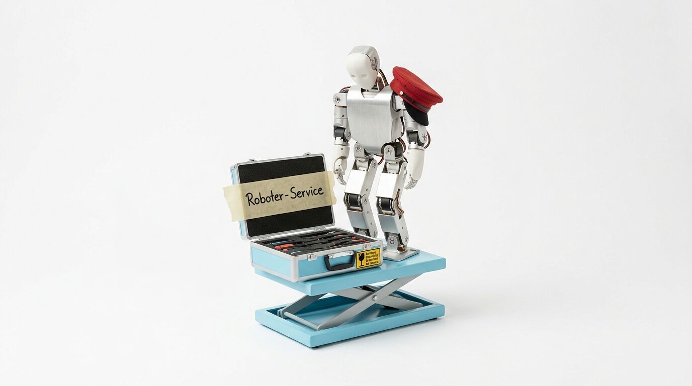 Kleiner Roboter mit roter Mütze neben Werkzeugkoffer „Roboter-Service“ auf Hubtisch