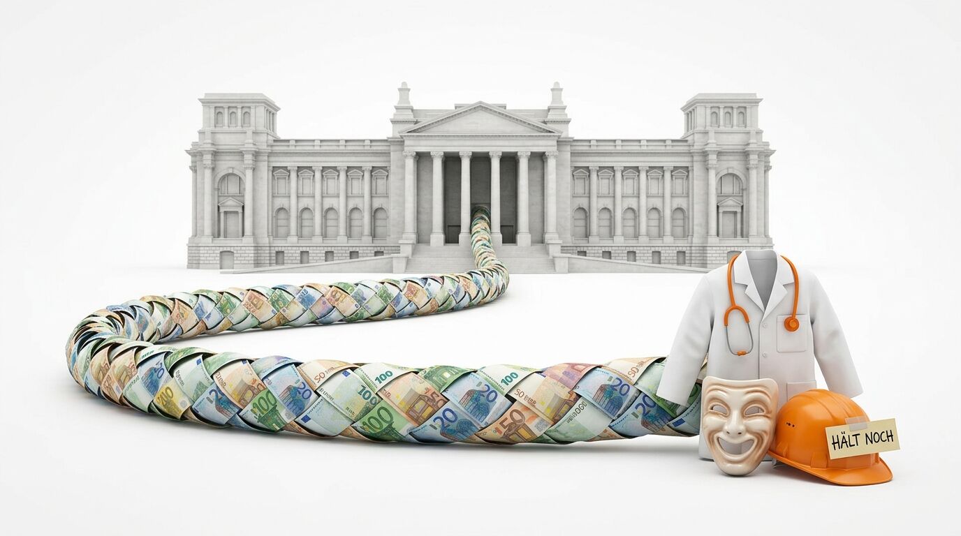 Ein Geldzopf führt vom Reichstag zu Kittel, Maske, Helm und Schild 