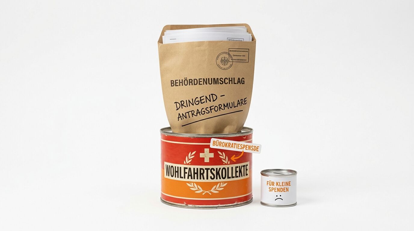 Ein Behördenumschlag auf einer Sammelbüchse neben einer Spendendose