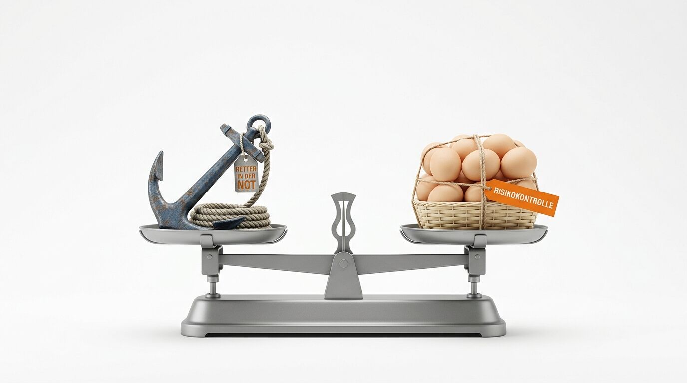 Balkenwaage mit Anker/Seil links und Korb voller Eier rechts im Gleichgewicht