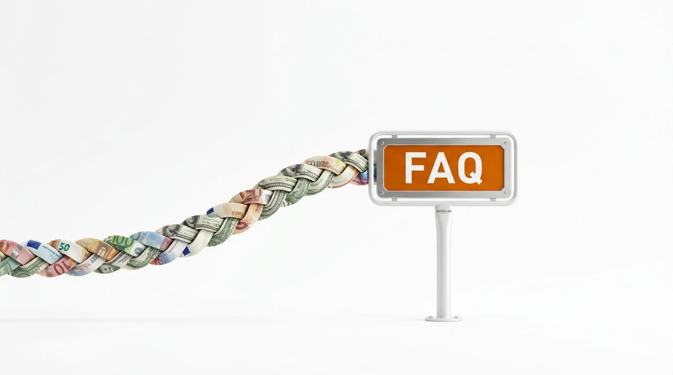 Zopf aus Geldscheinen führt zu Schild mit der Aufschrift FAQ auf weißem Hintergrund
