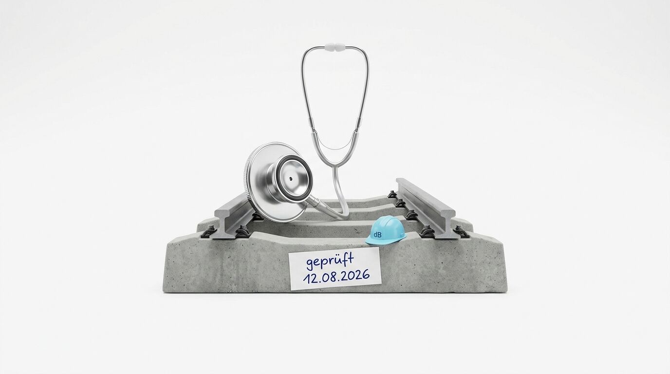 Gleisstück mit Stethoskop, Helm, Etikett „geprüft 12.08.2026“ auf weißem Hintergrund