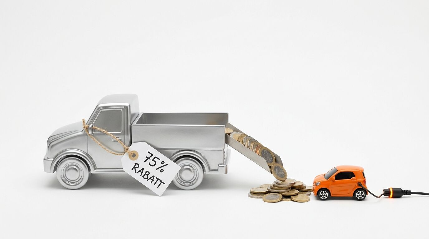 Lkw-Modell mit Rabatt-Schild kippt Münzen vor ein kleines orangefarbenes E-Auto-Modell