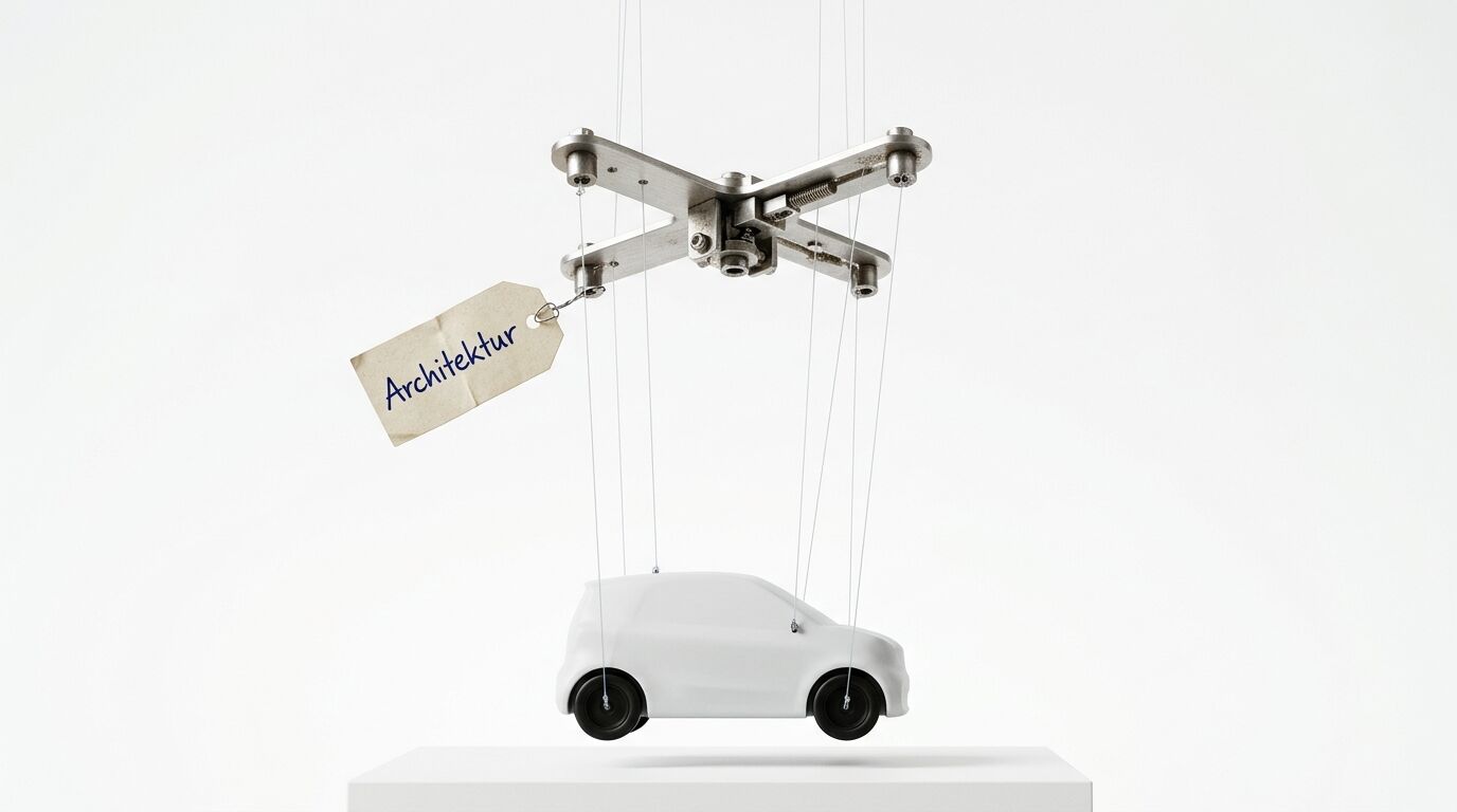 Modellauto als Marionette mit einem Schild „Architektur“ vor weißem Hintergrund