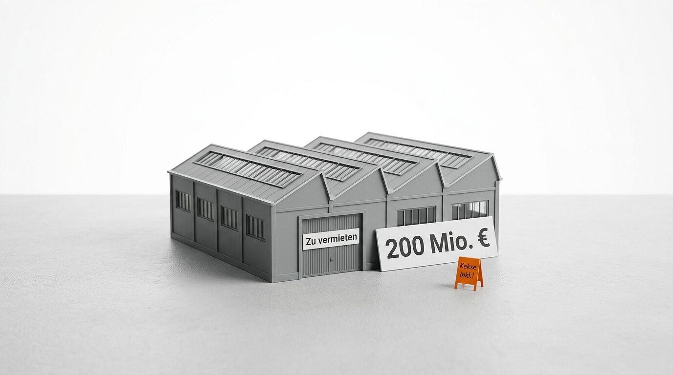 Hallenmodell mit Schildern „Zu vermieten“, „200 Mio. €“ und „Kekse inkl.!“
