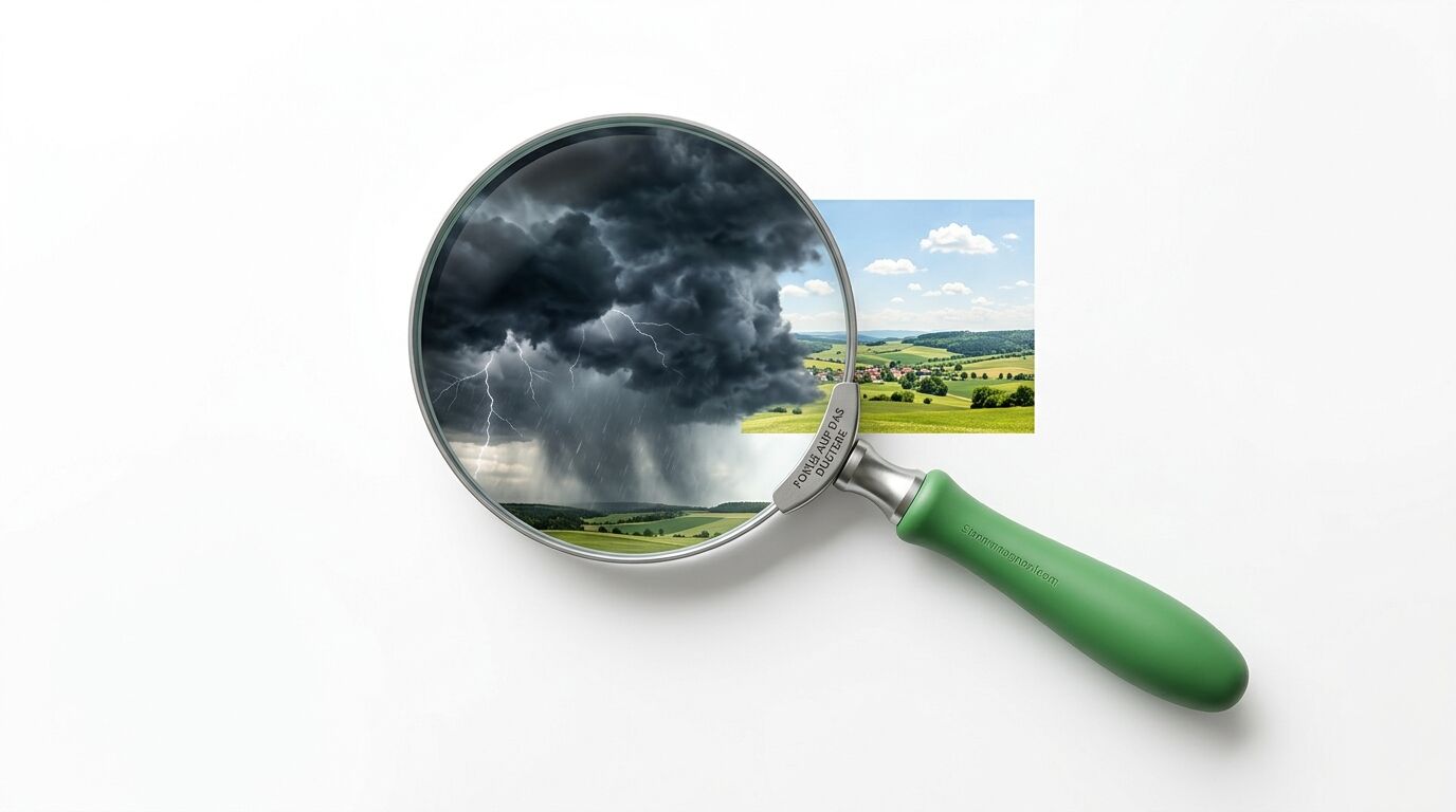 Lupe zeigt Gewitter auf Sommerlandschaftshintergrund mit grünem Griff