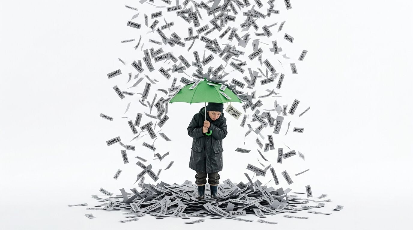 Junge mit grünem Regenschirm unter herabfallenden Papierschnipseln mit negativen Begriffen