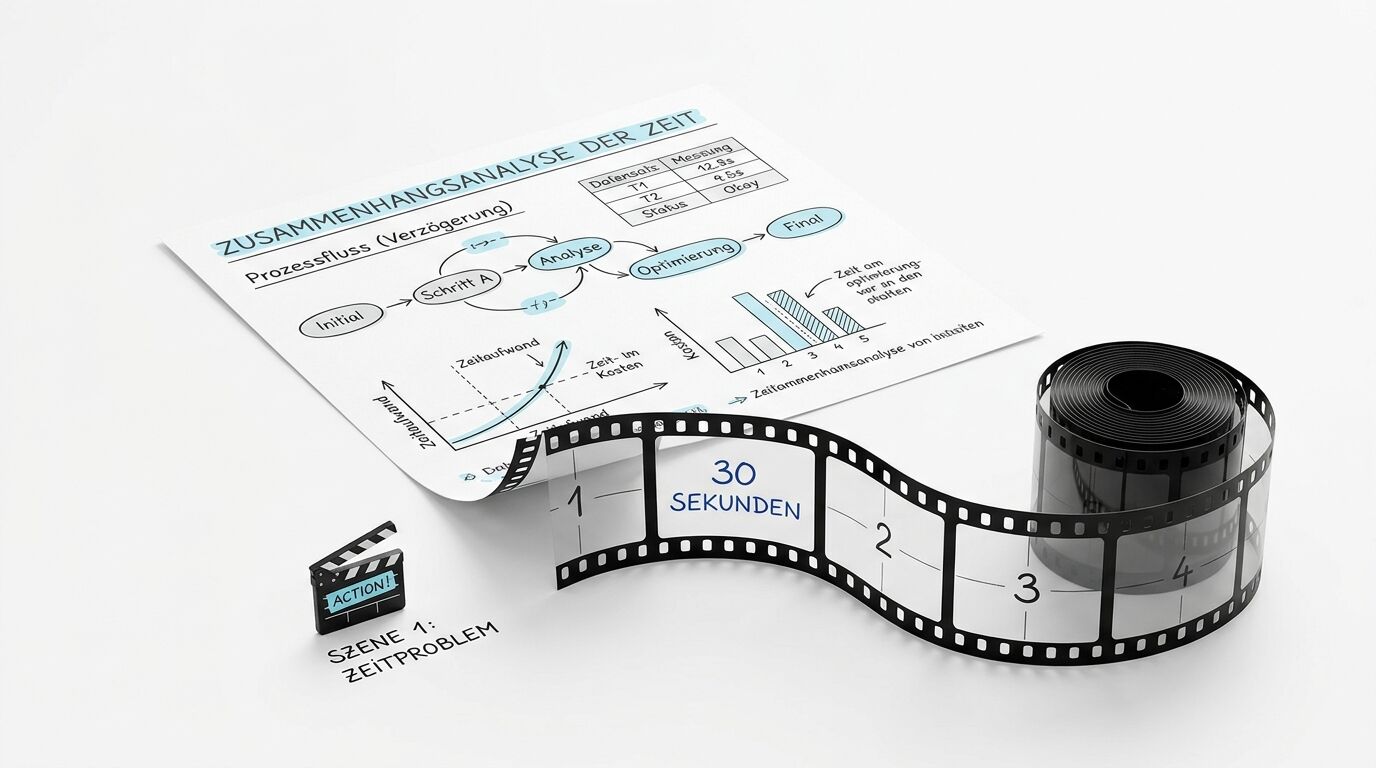 Grafiken zur Zeitanalyse auf Papier, daneben Filmstreifen und kleine Filmklappe