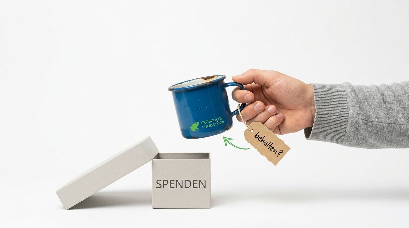 Hand hält Tasse mit „behalten?“-Schild, darunter geöffnete Spenden-Box, Pfeil dazwischen