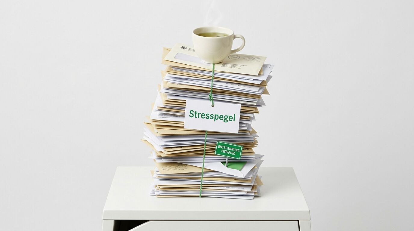 Hoher Stapel Briefumschläge mit Tasse Tee und Schildern zum Thema Stresspegel