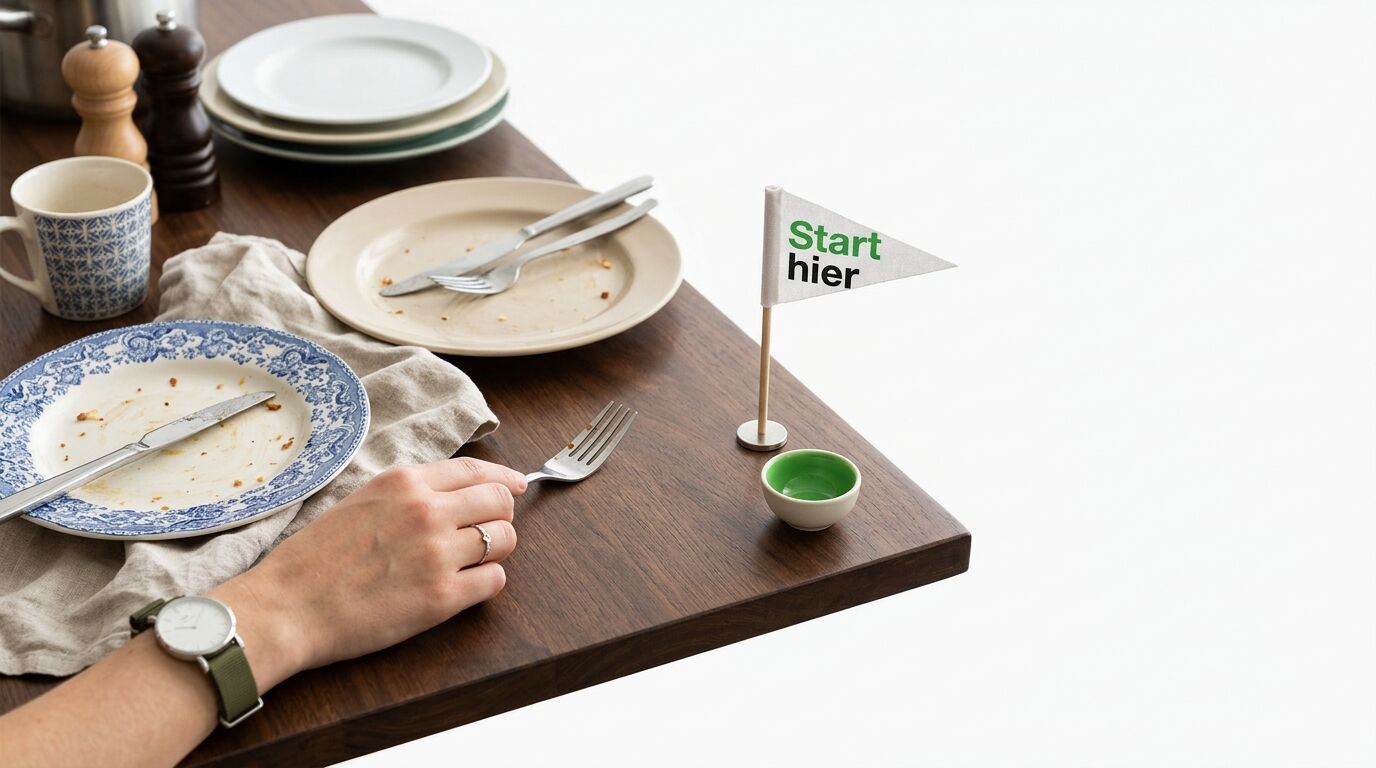 Hand am Esstisch mit Tellern, Besteck, Mühlen und einem 