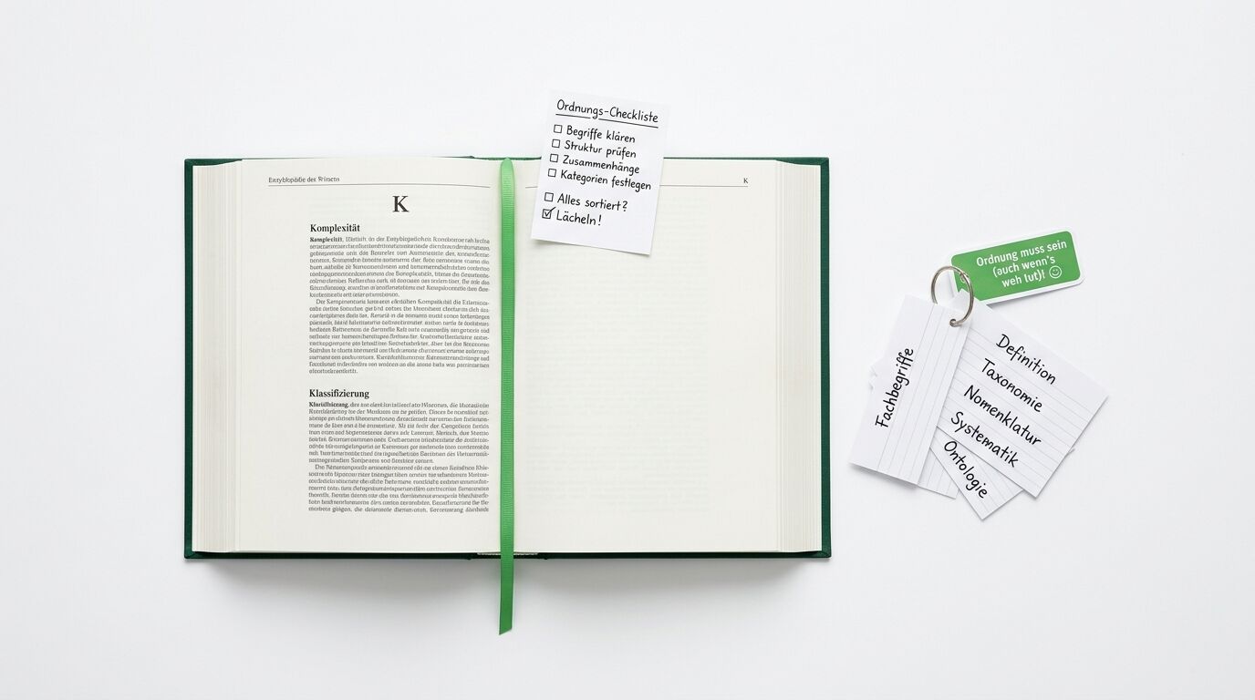 Offenes grünes Buch, darauf eine Checklist, rechts ein Karteikarten-Fächer mit Fachbegriffen