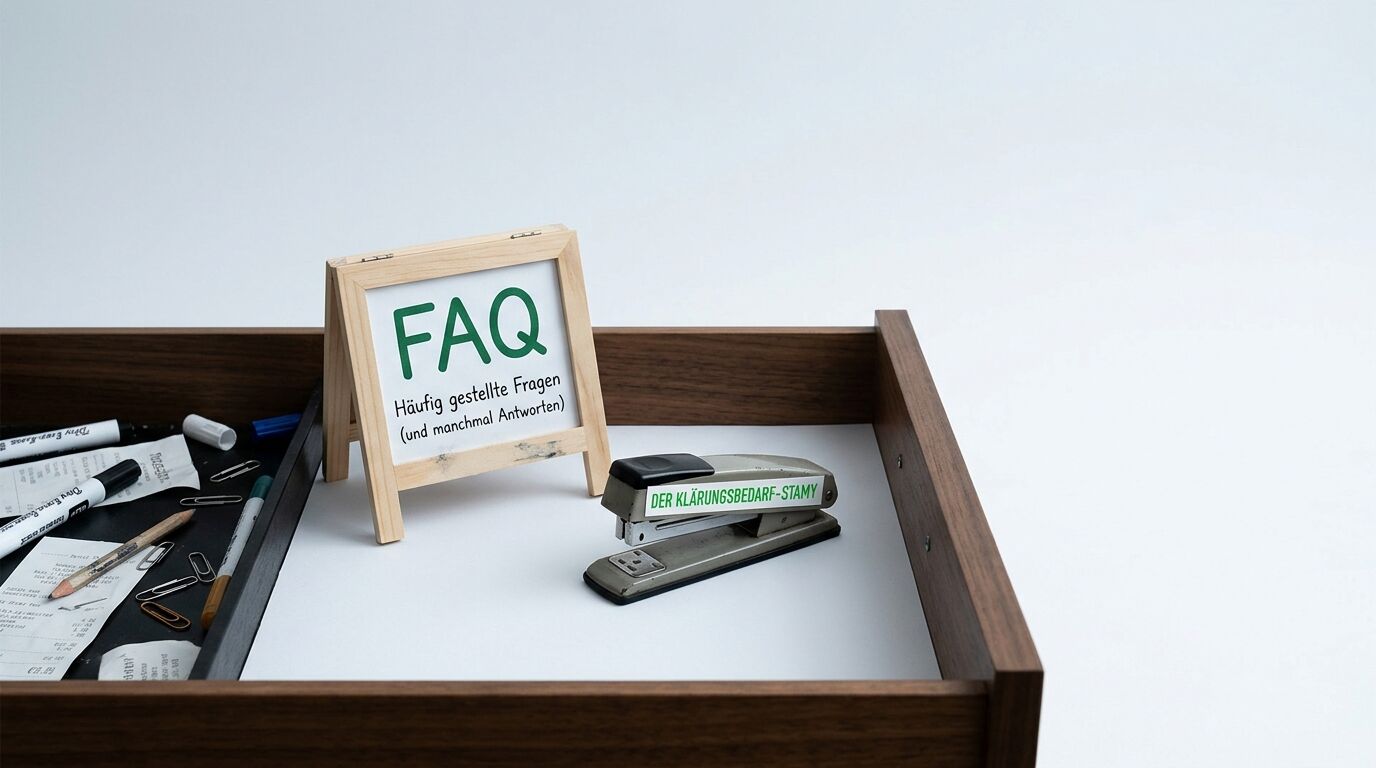 Offene Schreibtischschublade mit FAQ-Schild und beschriftetem Tacker