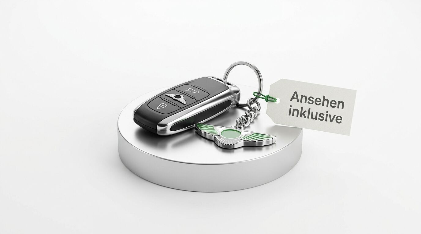 Autoschlüssel mit Flügel-Anhänger und Anhängezettel „Ansehen inklusive“ auf einem silbernen Podest
