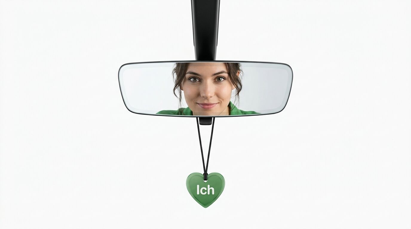 Rückspiegel mit lächelnder Frau darin, darunter grüner Herzanhänger mit Aufschrift „Ich“