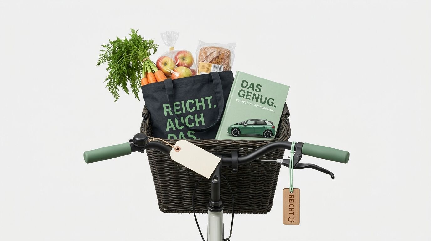 Fahrradkorb mit Einkaufstasche, Lebensmitteln, einem Buch und Preisschildern