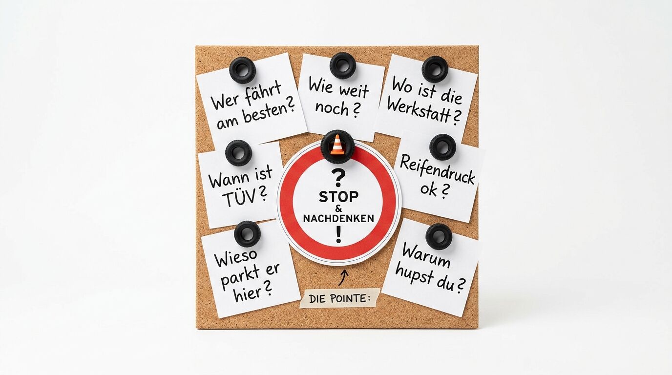 Pinnwand mit Zetteln und Fragen rund um das Autofahren sowie einem Stoppschild in der Mitte