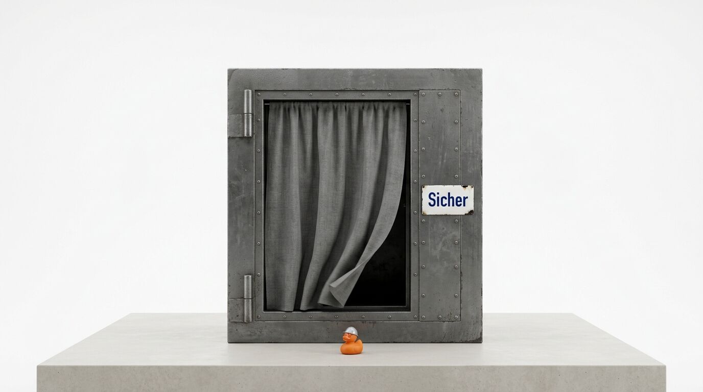 Sicherer Safe mit grauem Vorhang, Schild „Sicher“ und davor Badeente mit Schutzhelm auf Tisch