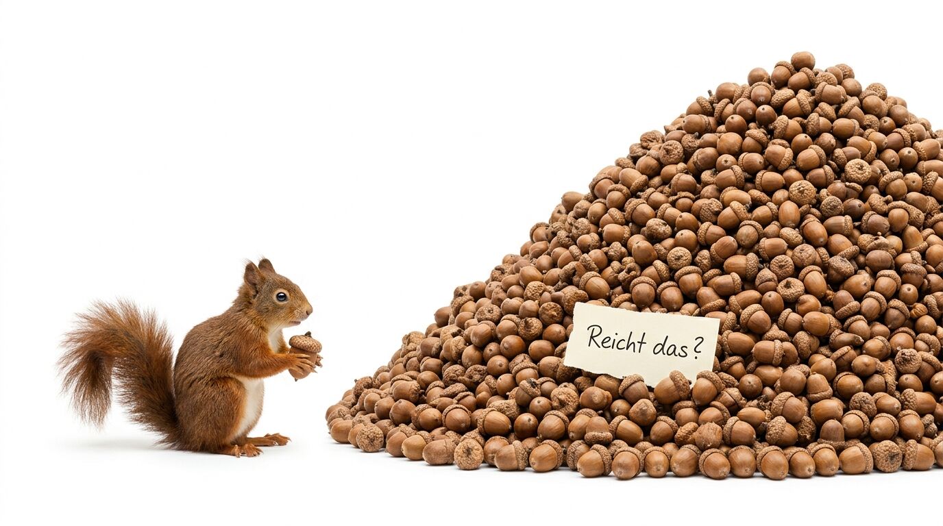 Eichhörnchen mit Eichel, großer Eichelhaufen und Schild mit Text „Reicht das?“ auf weiß
