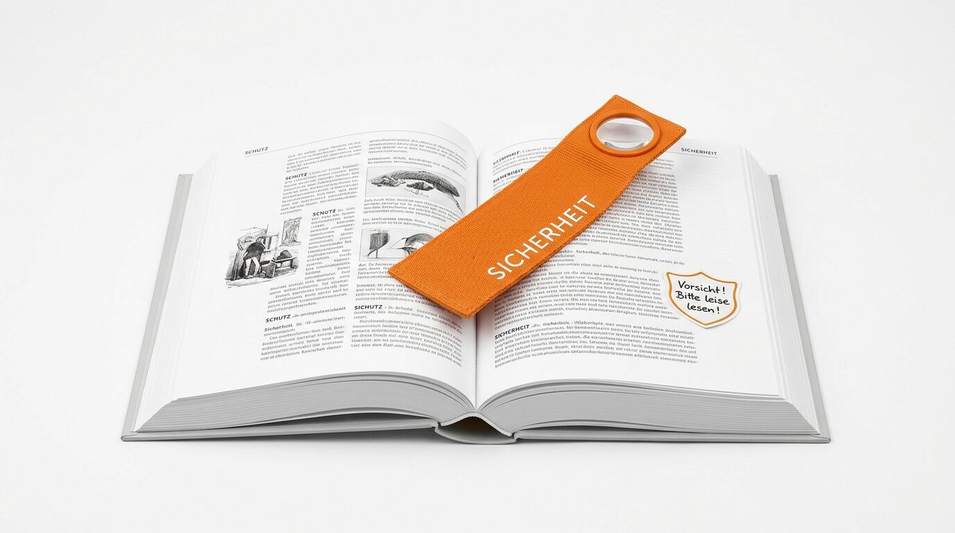 Aufgeschlagenes Buch, orange Lesehilfe mit „SICHERHEIT“ und Lupe, Notiz „Vorsicht! Bitte leise lesen!“