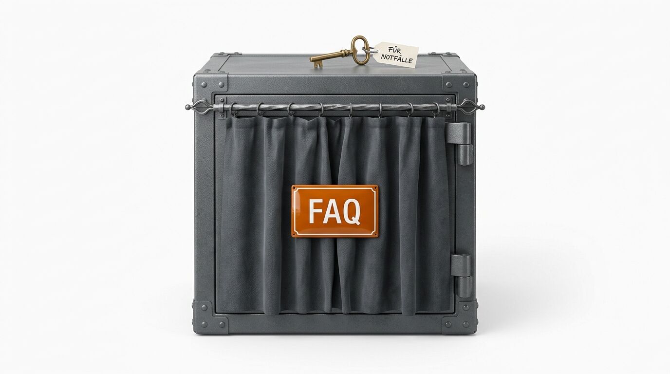 Ein Tresorwürfel mit Vorhang und Schild „FAQ“, oben liegt ein Schlüssel mit Anhänger „FÜR NOTFÄLLE“