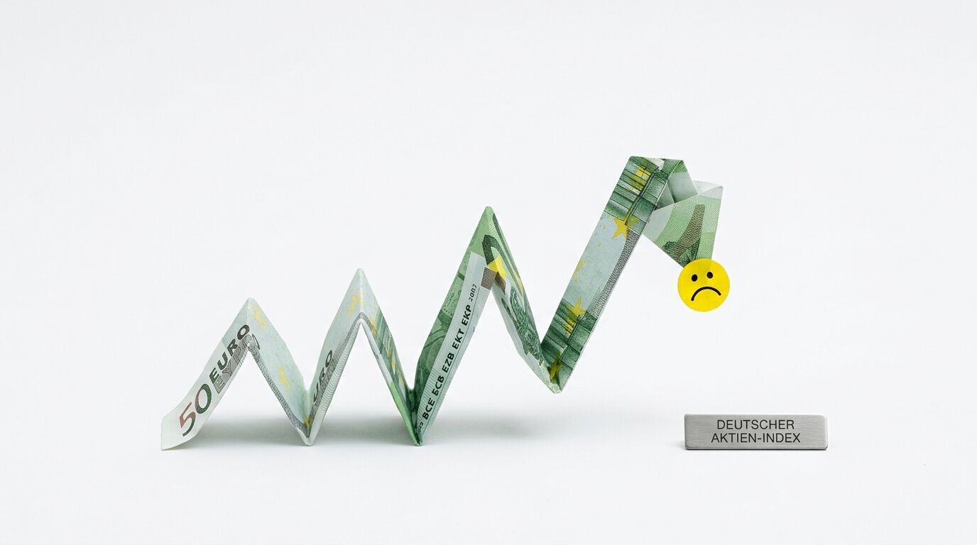 Ein fallender Kursverlauf aus Euroscheinen mit traurigem Smiley und Schild „DEUTSCHER AKTIEN-INDEX“
