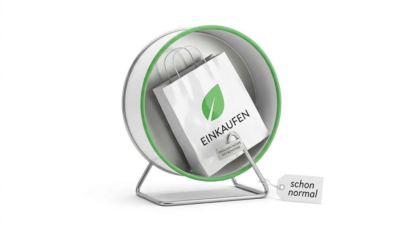 3D-Rendering: Einkaufstasche mit der Aufschrift „EINKAUFEN“ in einem Hamsterrad auf weißem Grund
