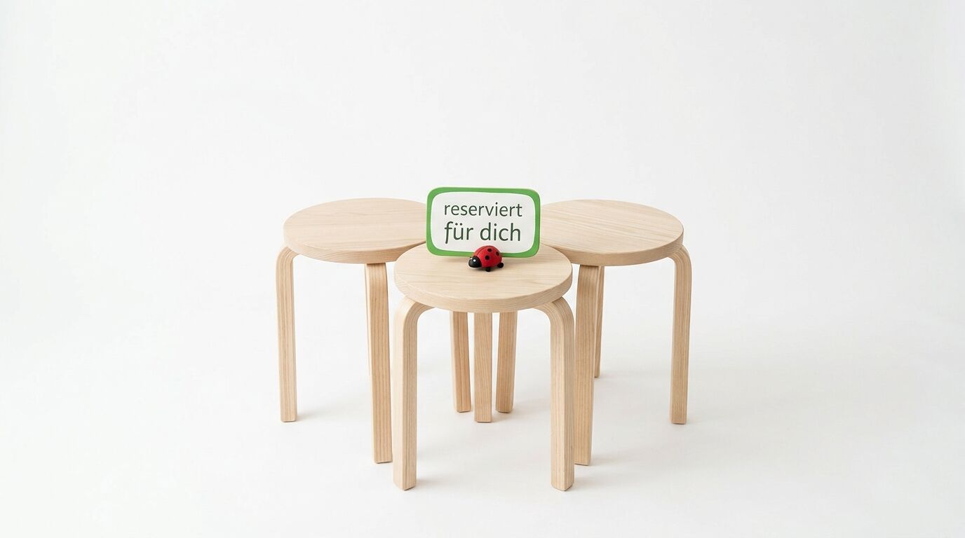 Drei Holzhocker mit einem Schild „reserviert für dich“ und einem Marienkäfer vor weißem Hintergrund