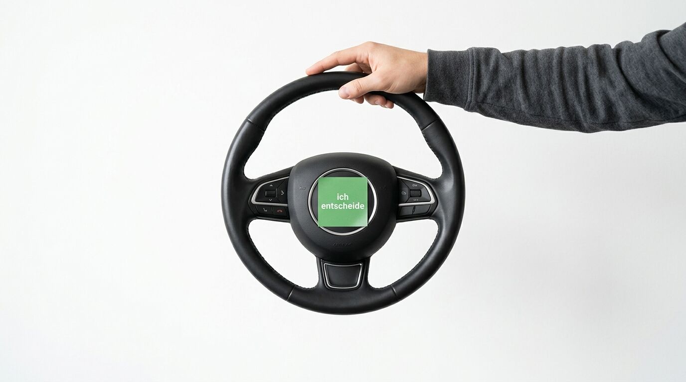 Hand hält Lenkrad mit Aufkleber