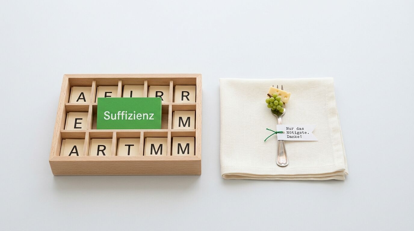 Holzkasten mit Buchstabenkacheln, Gabel mit einer Weintraube und einer Käseecke