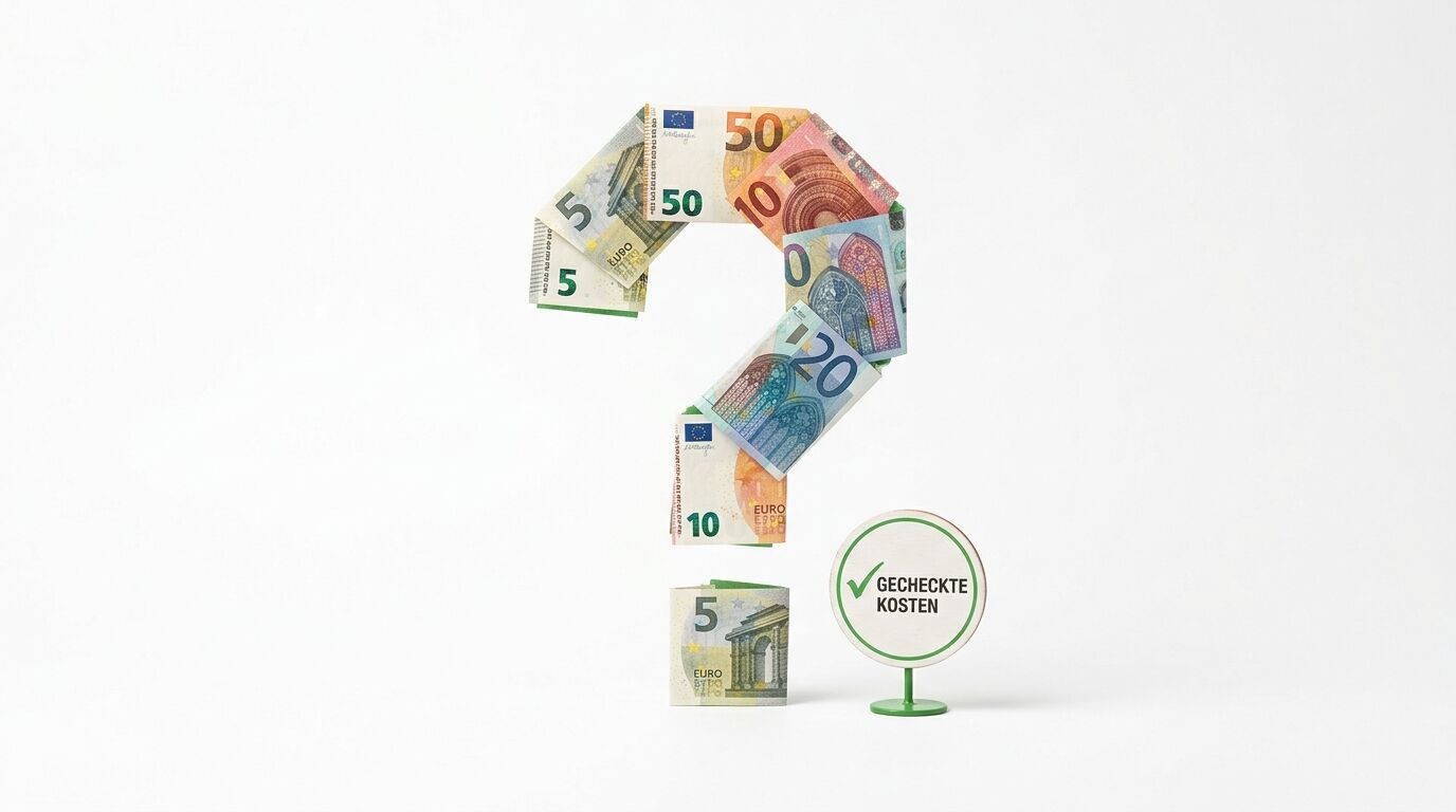 Gefaltete Euro-Scheine als Fragezeichen und Schild mit Text „GECHECKTE KOSTEN“ auf weiß