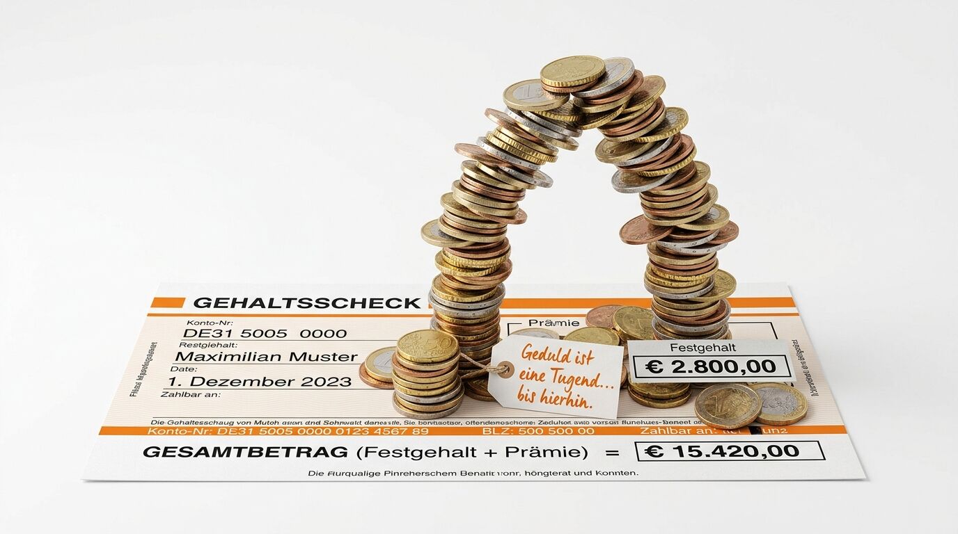 Ein Gehaltsscheck mit einer Münzbrücke und dem Schild „Geduld ist eine Tugend... bis hierhin.“