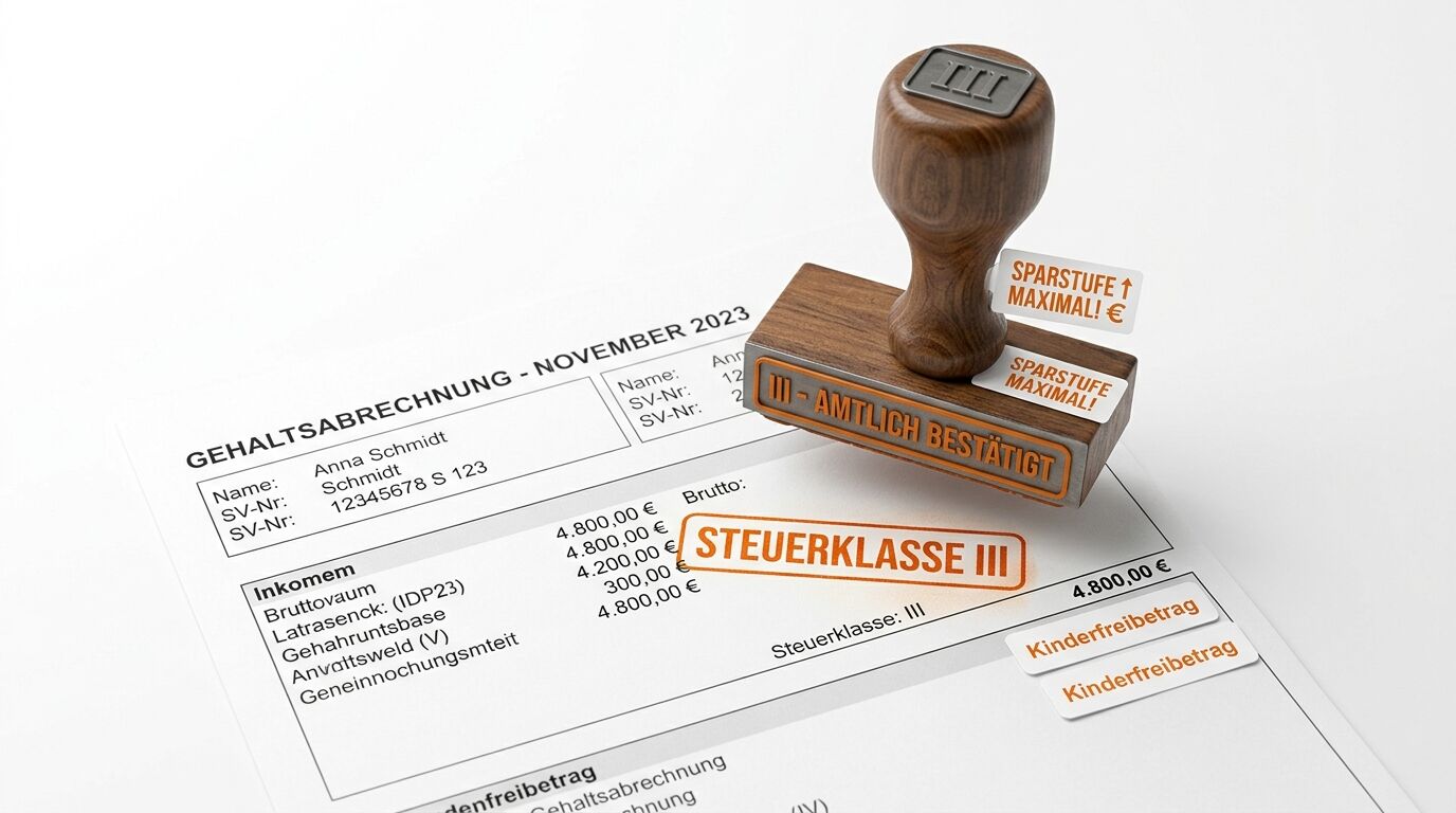 Holzstempel auf Gehaltsabrechnung mit orangefarbenem Aufdruck „STEUERKLASSE III“