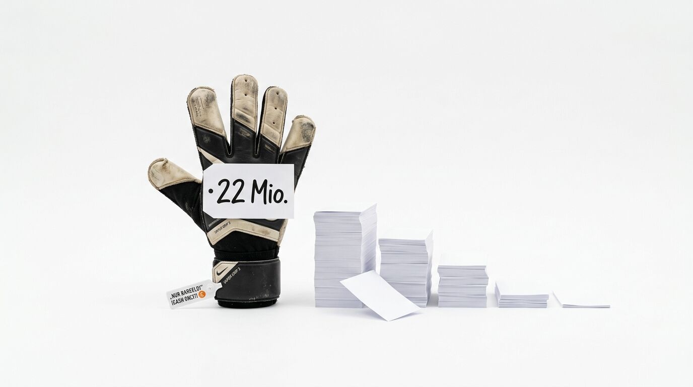 Torwarthandschuh mit Schild „22 Mio.“ neben Stapeln weißer Zettel vor hellem Grund
