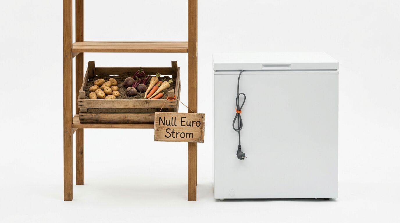 Holzregal mit Gemüsekiste und Schild „Null Euro Strom“ neben einer weißen Tiefkühltruhe