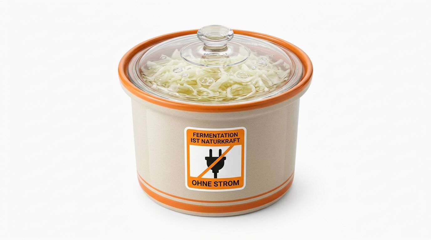 Keramiktopf mit Glasdeckel, gefüllt mit Kraut, und Aufkleber „FERMENTATION IST NATURKRAFT“