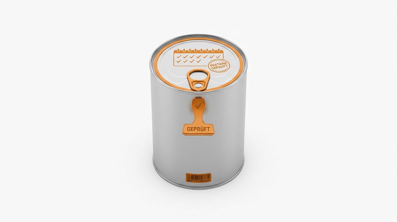 Eine Metall-Dose mit einem orangefarbenen Stempel „GEPRÜFT“