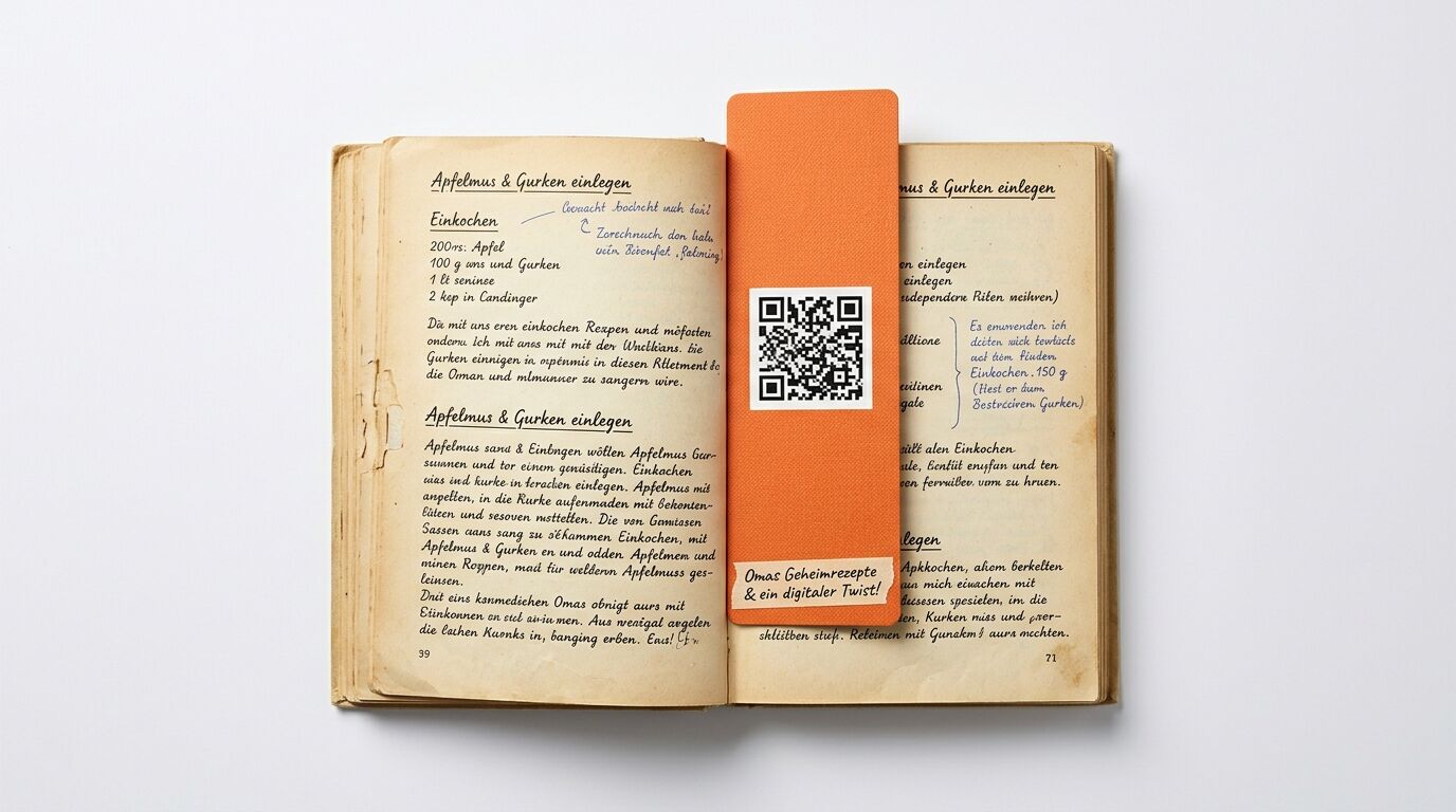 Altes Buch auf weißem Grund mit orangem Lesezeichen, das einen QR-Code zeigt