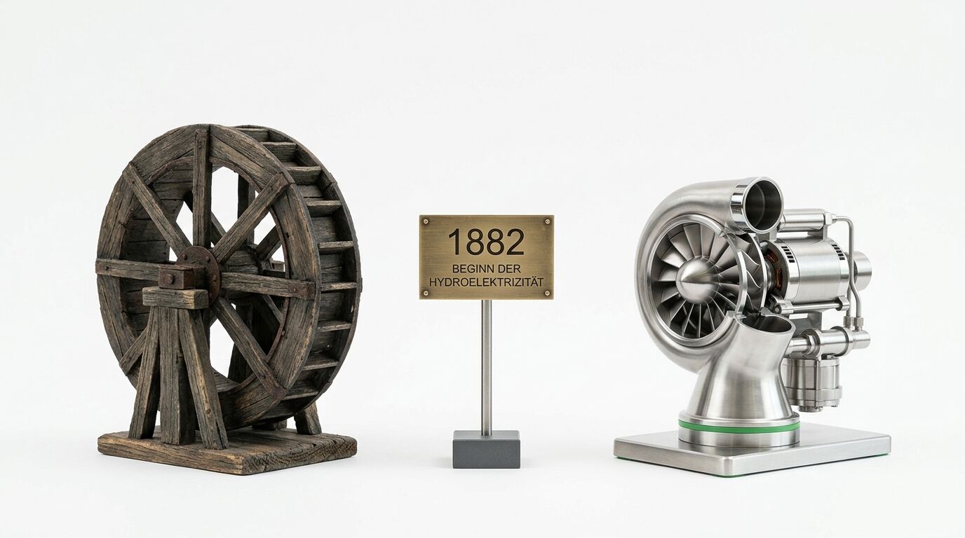 Holzwasserrad, Jahreszahlenschild 1882, moderne Metallturbine vor weißem Hintergrund