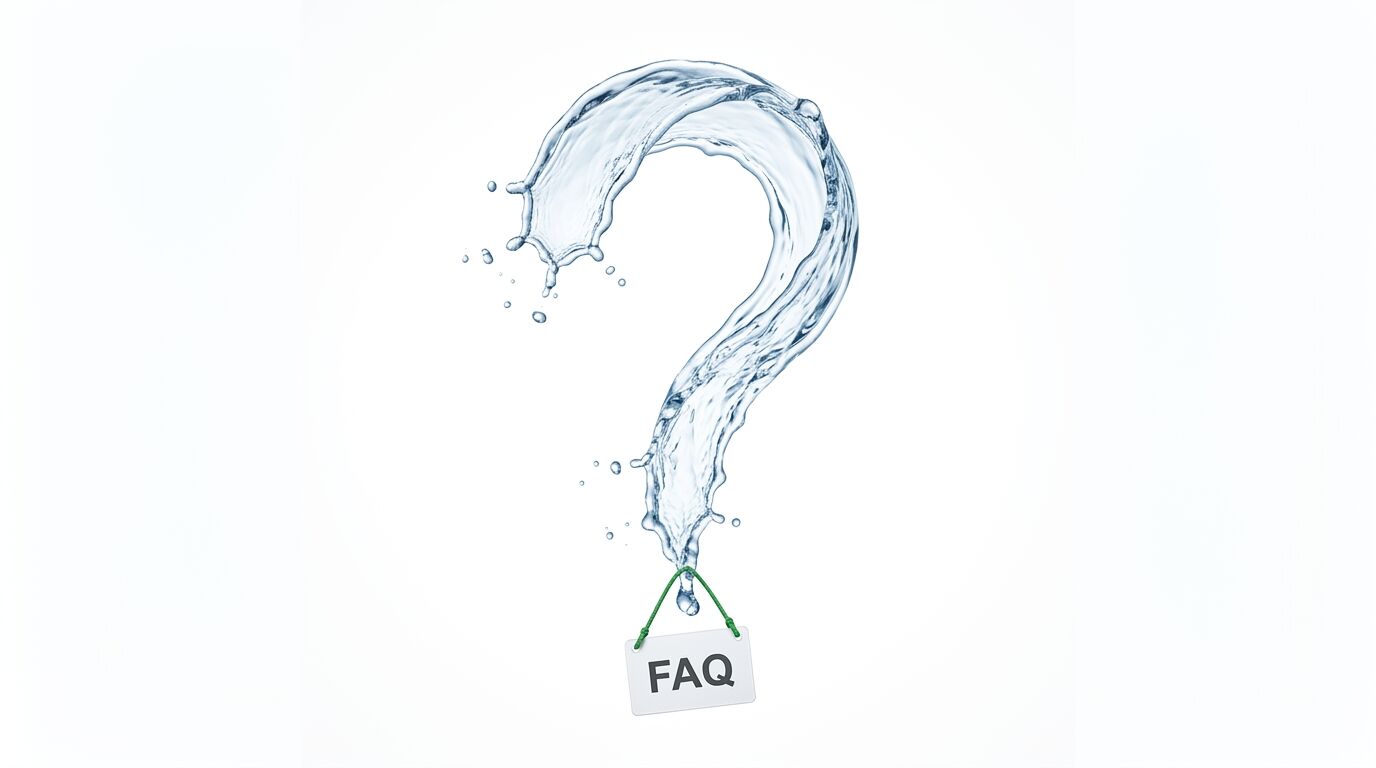 Ein aus Wasser gebildetes Fragezeichen mit einem angehängten FAQ-Schild auf weißem Hintergrund