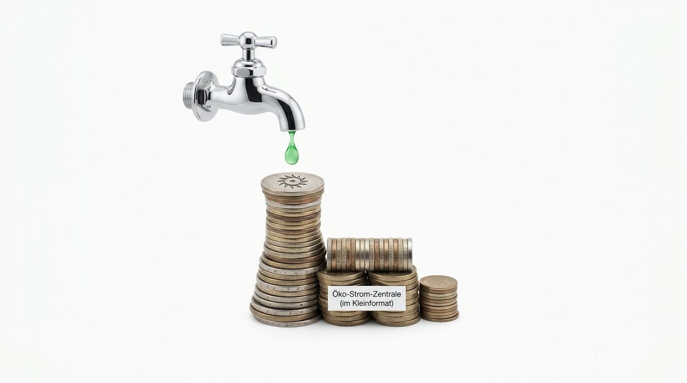 Ein grüner Tropfen fällt aus einem Wasserhahn auf Münzstapel mit Textschild
