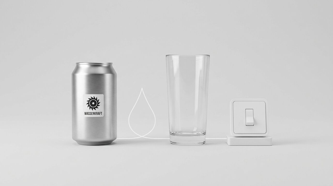 Dose mit „Wasserkraft“-Logo, Glas, Lichtschalter, verbunden durch ein kabelgeformten Wassertropfen
