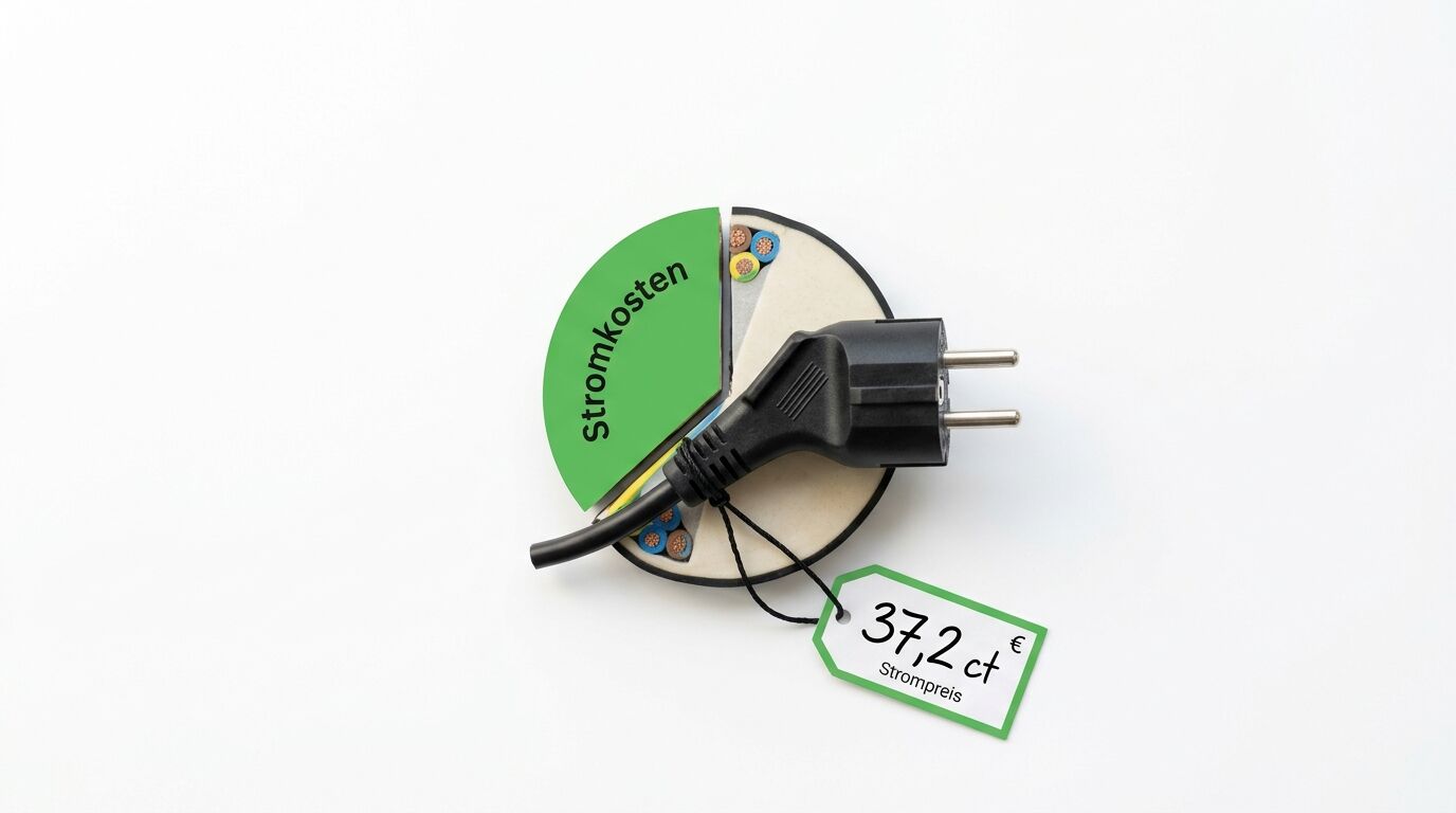 Stecker, Kabelquerschnitt und Preisschild als Tortendiagramm für Stromkosten, 37,2 ct/kWh